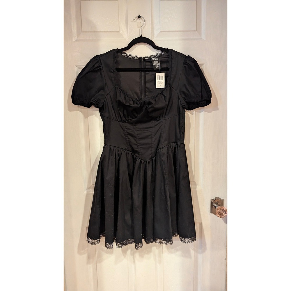 Social Collision Puff Sleeve Corset Mini Dress XL Black Lace Goth Dark Coquette - Picture 2 of 8